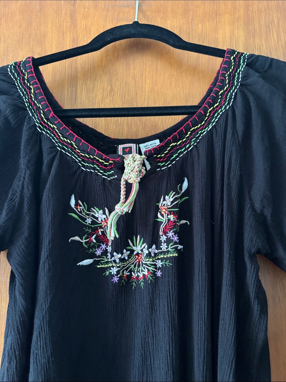 Forbidden Black Embroidered Boho Tunic Top with Pink & Green Accents